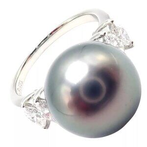 Authentic! Mikimoto Platinum Tahitian Pearl Diamond Ring